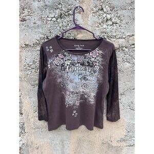 Vintage Y2K Flower N Ring Chocolate Floral Shirt‎ Top Embellished Women Sz XL